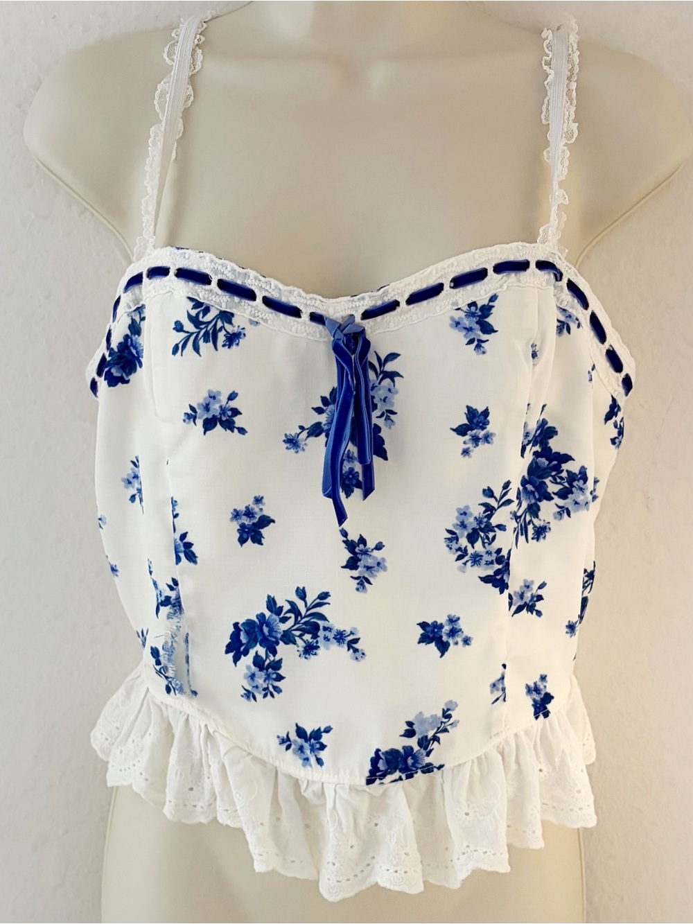 Blue and White Floral Lace-Trim Camisole Top